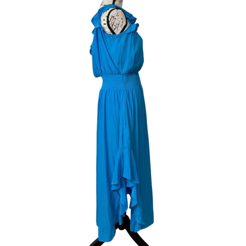 Ramy Brook Clementine Dress Blue Ruffle-Sleeve Smocked-Waist Womens Size M NEW - Picture 2 of 9